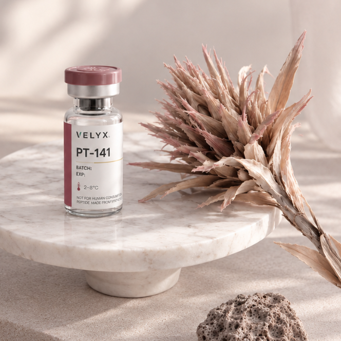 A small VELYX PT-141 vial with a pink cap sits on a round white marble pedestal, styled with dried grass and a small rock against a warm beige background with soft shadows.